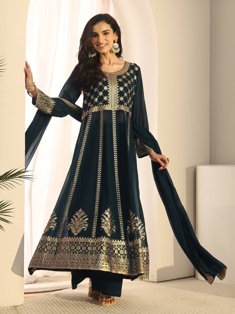 Libas Art Teal Blue Floral Embroidered Georgette Anarkali Suit Set