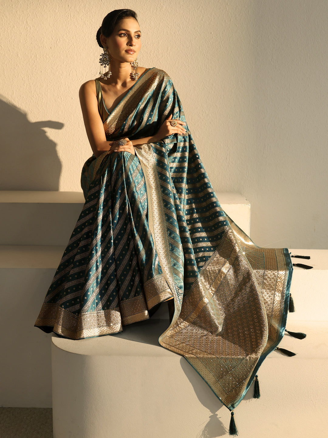 Libas Art Teal Blue Striped Woven Design Satin Tassel Saree with Stone Work
