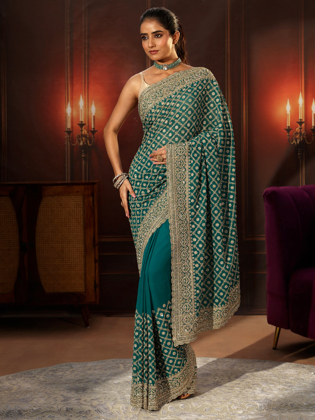  Libas Art Teal Green Embellished Georgette Saree 