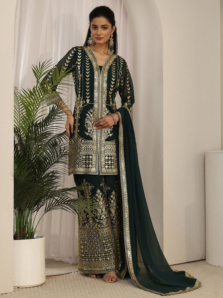 Libas Art Teal Green Zari Embroidered Georgette Palazzo Suit Set