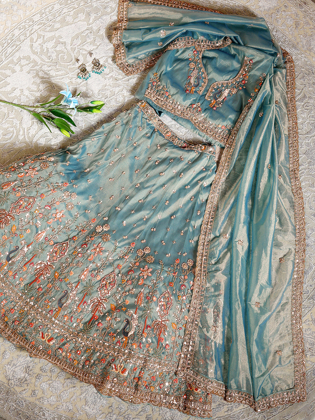 Libas Art Turquoise Blue Floral Embellished Net Semi-Stitched Lehenga Choli