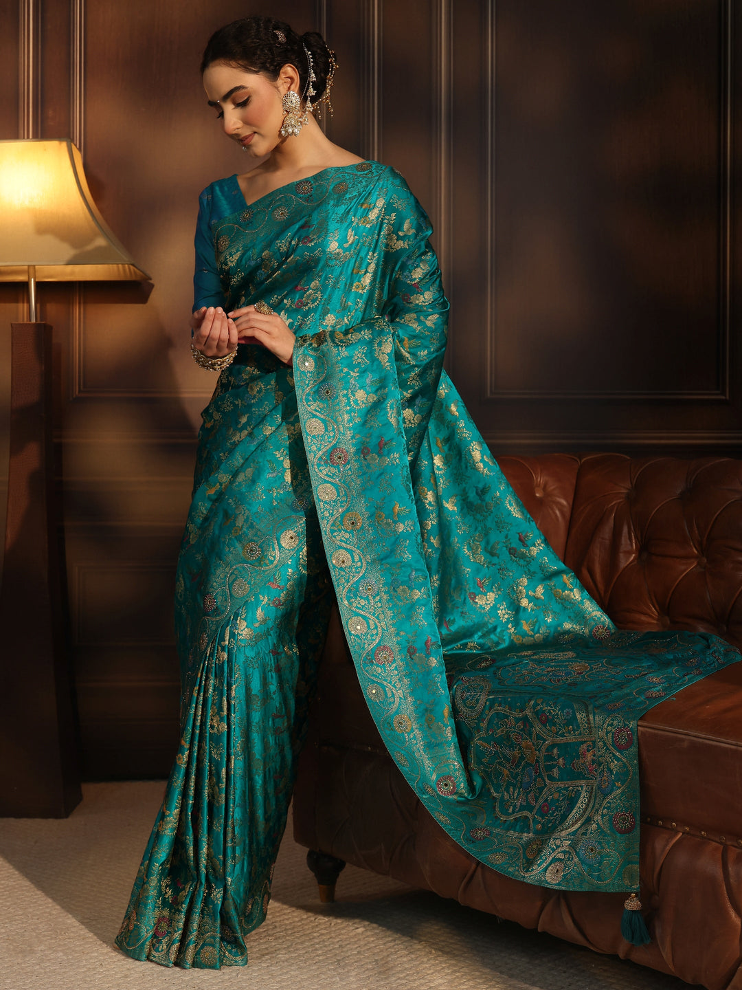 Libas Art Turquoise Blue Floral Woven Design Satin Saree