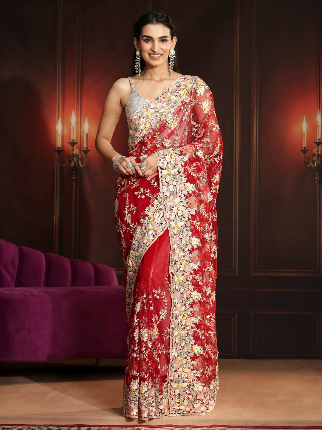 Libas Art Vermilion Red Floral Embroidered Net Saree