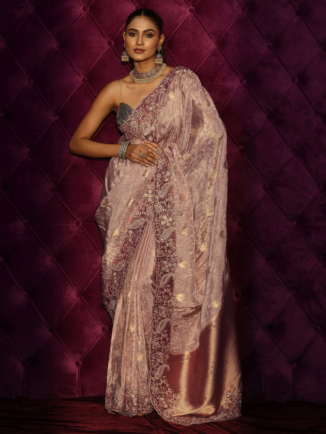 Libas Art Vintage Pink Embellished Border Silk Blend Saree