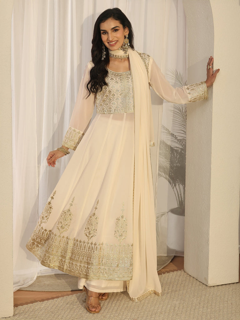 Libas Art White Floral Embroidered Georgette Anarkali Suit Set