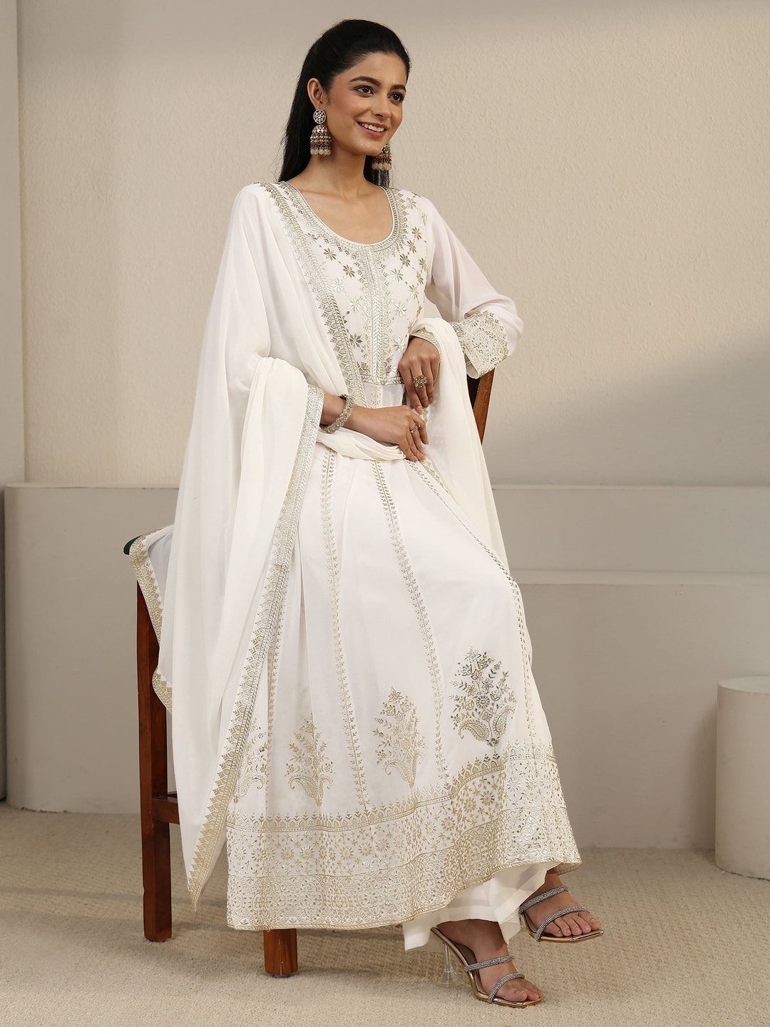  Libas Art White Floral Embroidered Georgette Anarkali Suit Set 