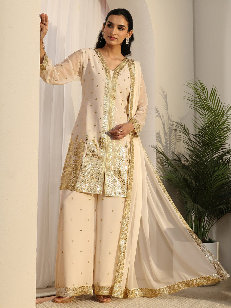 Libas Art White Zari Emboridered Georgette Palazzo Suit Set