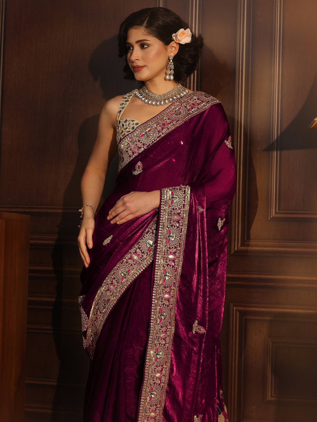 Libas Art Wine Embroidered Tissue Saree with Embellished Border