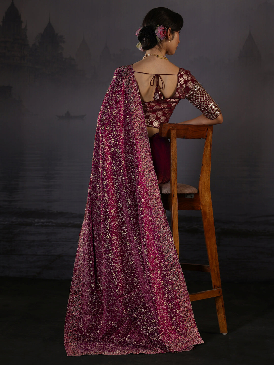  Libas Art Wine Floral Embroidered Tissue Saree 