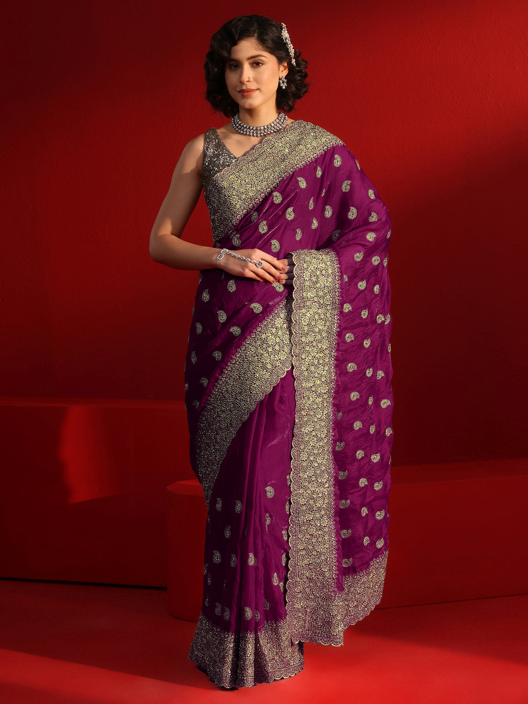  Libas Art Wine Stone Work Embellished Tissue Saree 