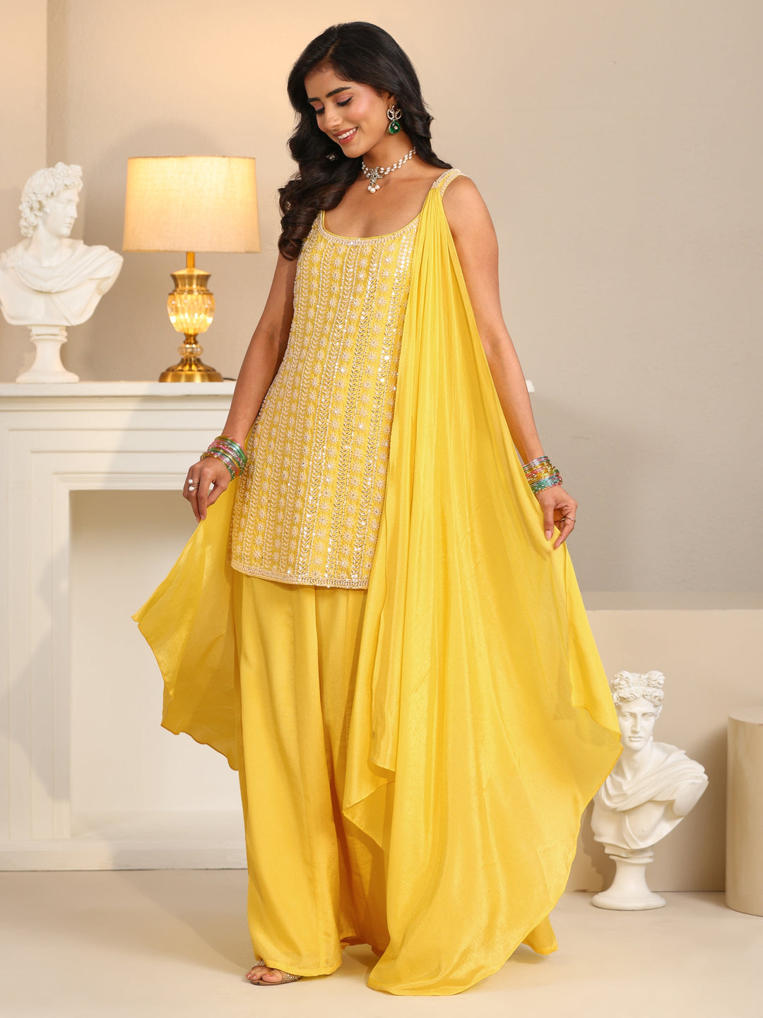  Libas Art Yellow Embellished Strappy Chinon Palazzo Suit Set 