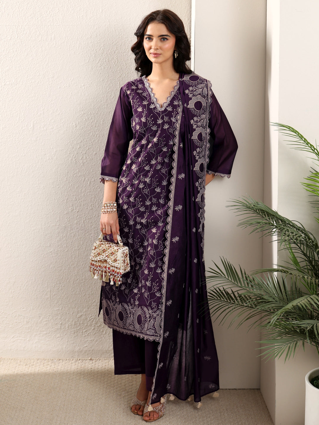  Libas Aubergine Purple Embroidered Chanderi Silk Straight Suit Set 