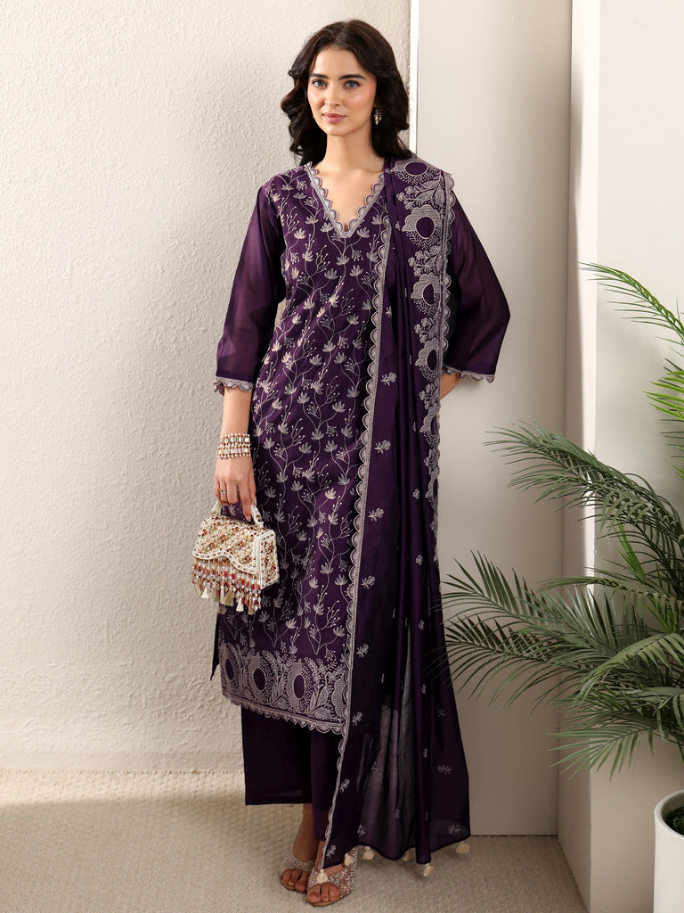Libas Aubergine Purple Embroidered Chanderi Silk Straight Suit Set