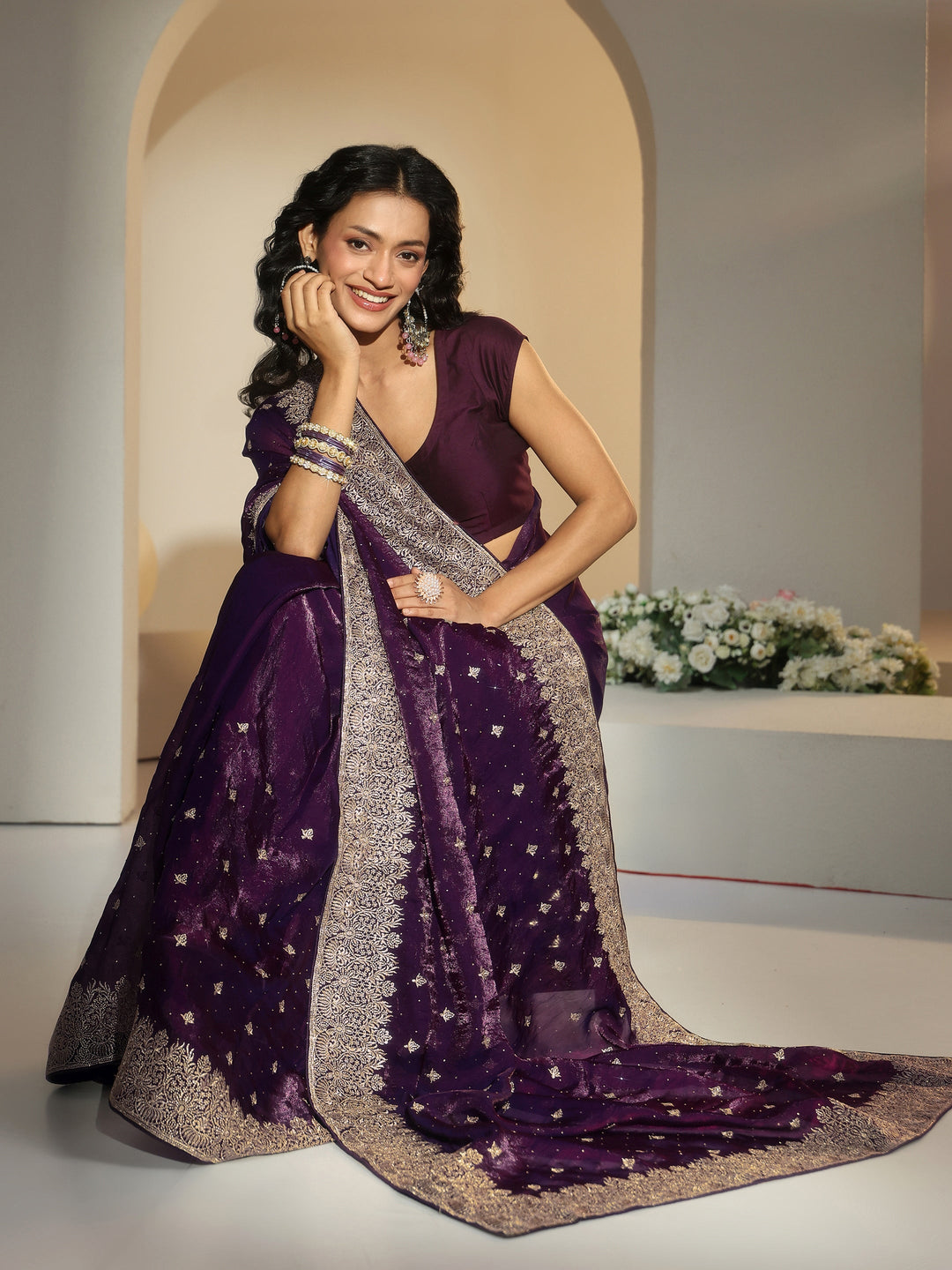  Libas Aubergine Purple Embroidered Tissue Saree 