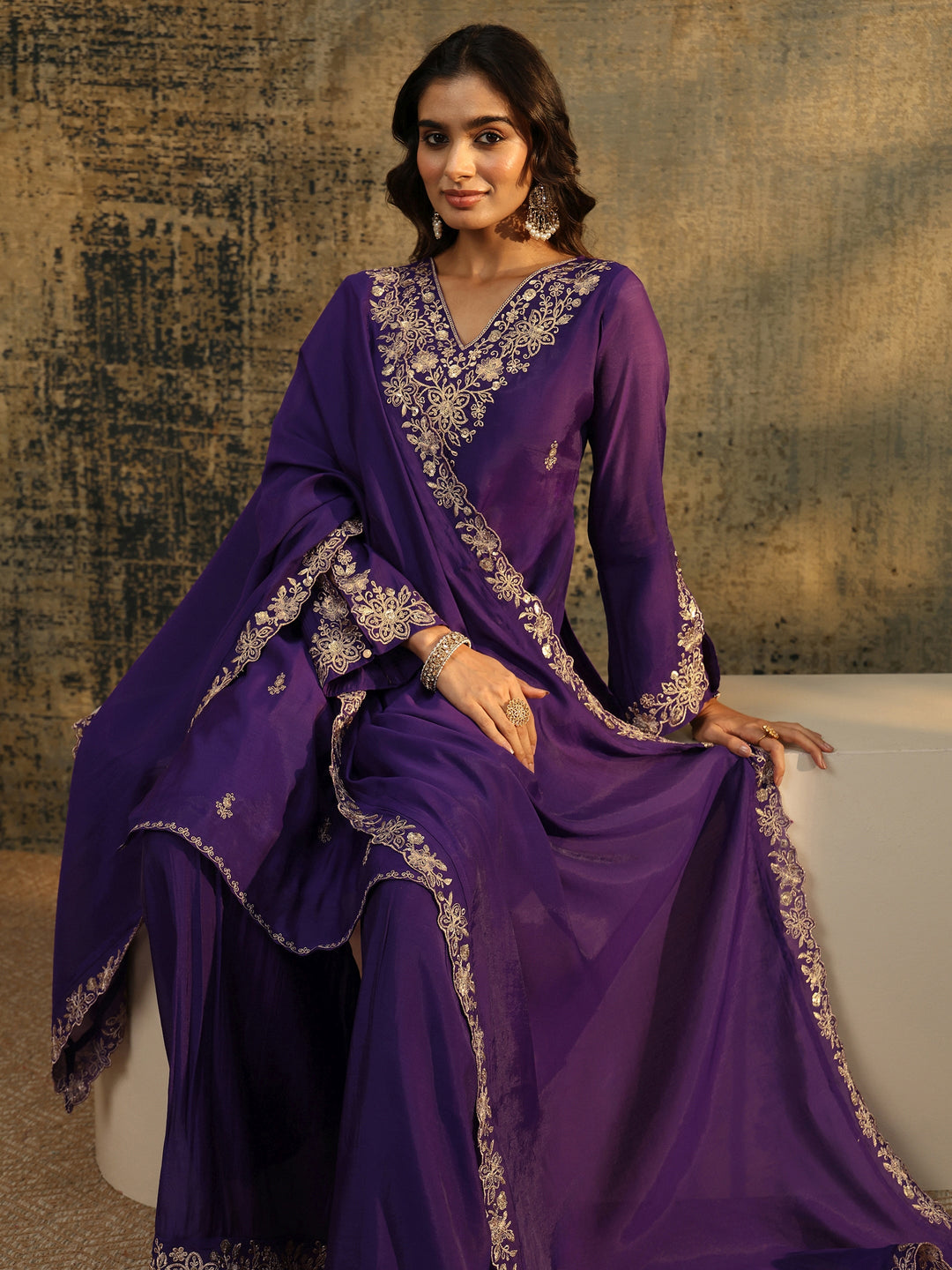  Libas Aubergine Purple Floral Embroidered Chanderi Cotton Palazzo Suit Set 