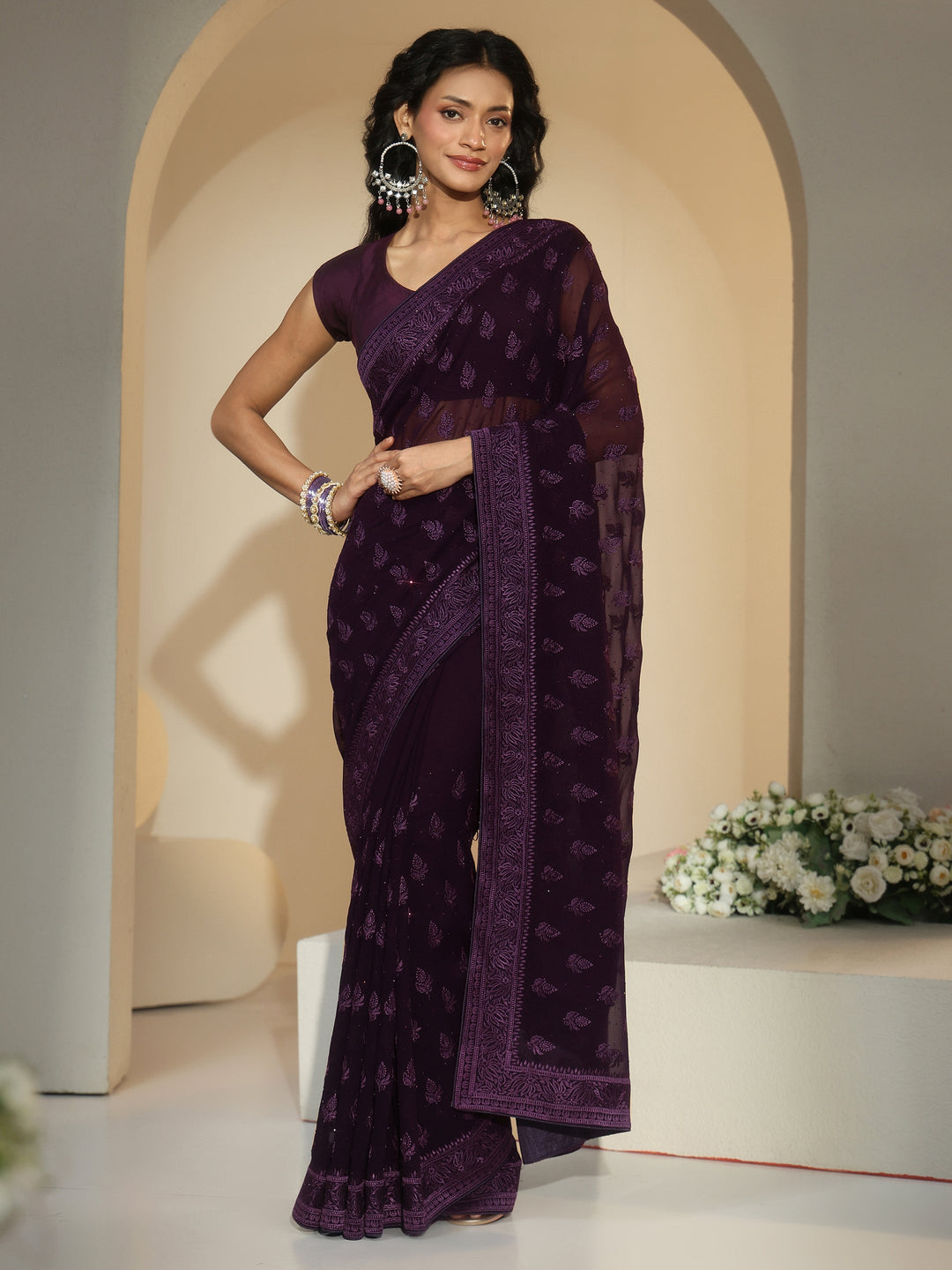  Libas Aubergine Purple Floral Embroidered Georgette Saree 