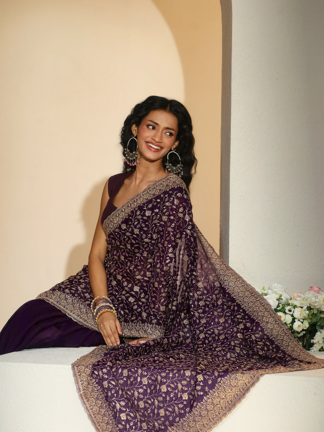  Libas Aubergine Purple Floral Embroidered Georgette Saree 