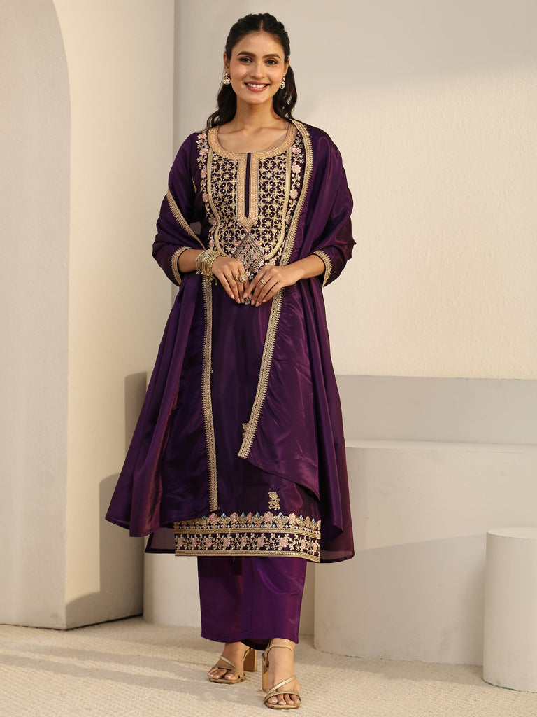 Libas Aubergine Purple Floral Embroidered Organza Straight Suit Set