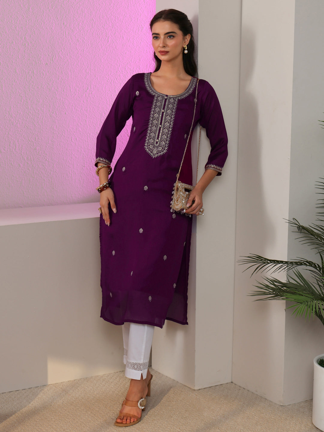  Libas Aubergine Purple Floral Embroidered Silk Blend Straight Kurta 