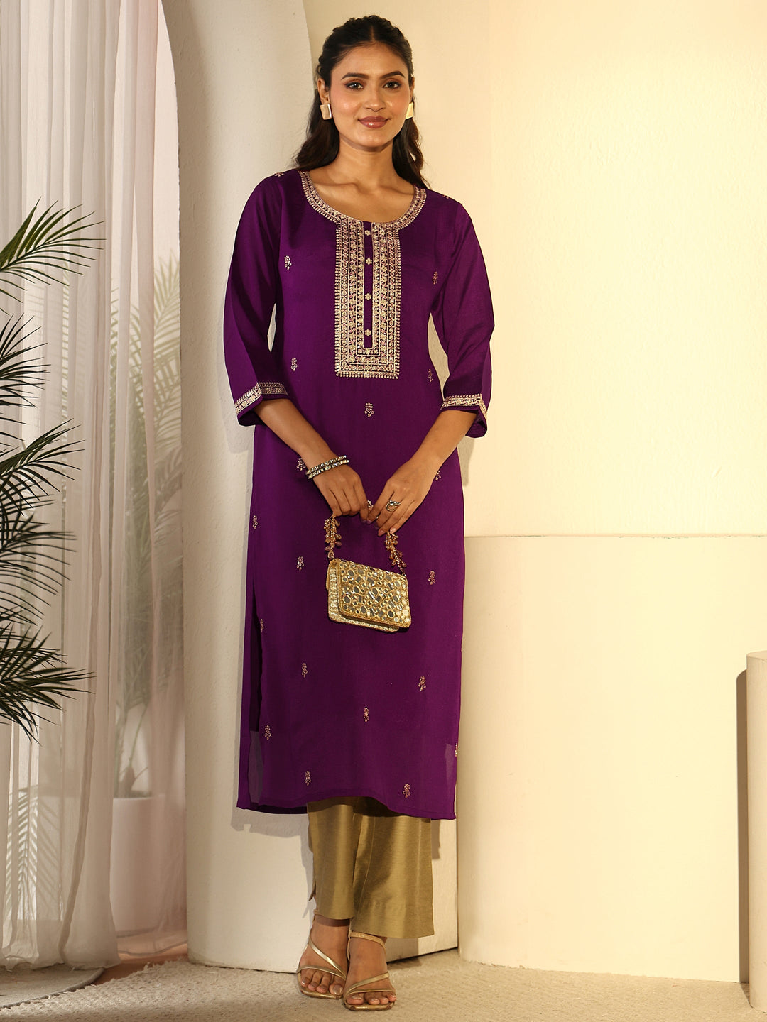Libas Aubergine Purple Floral Embroidered Silk Blend Straight Kurta