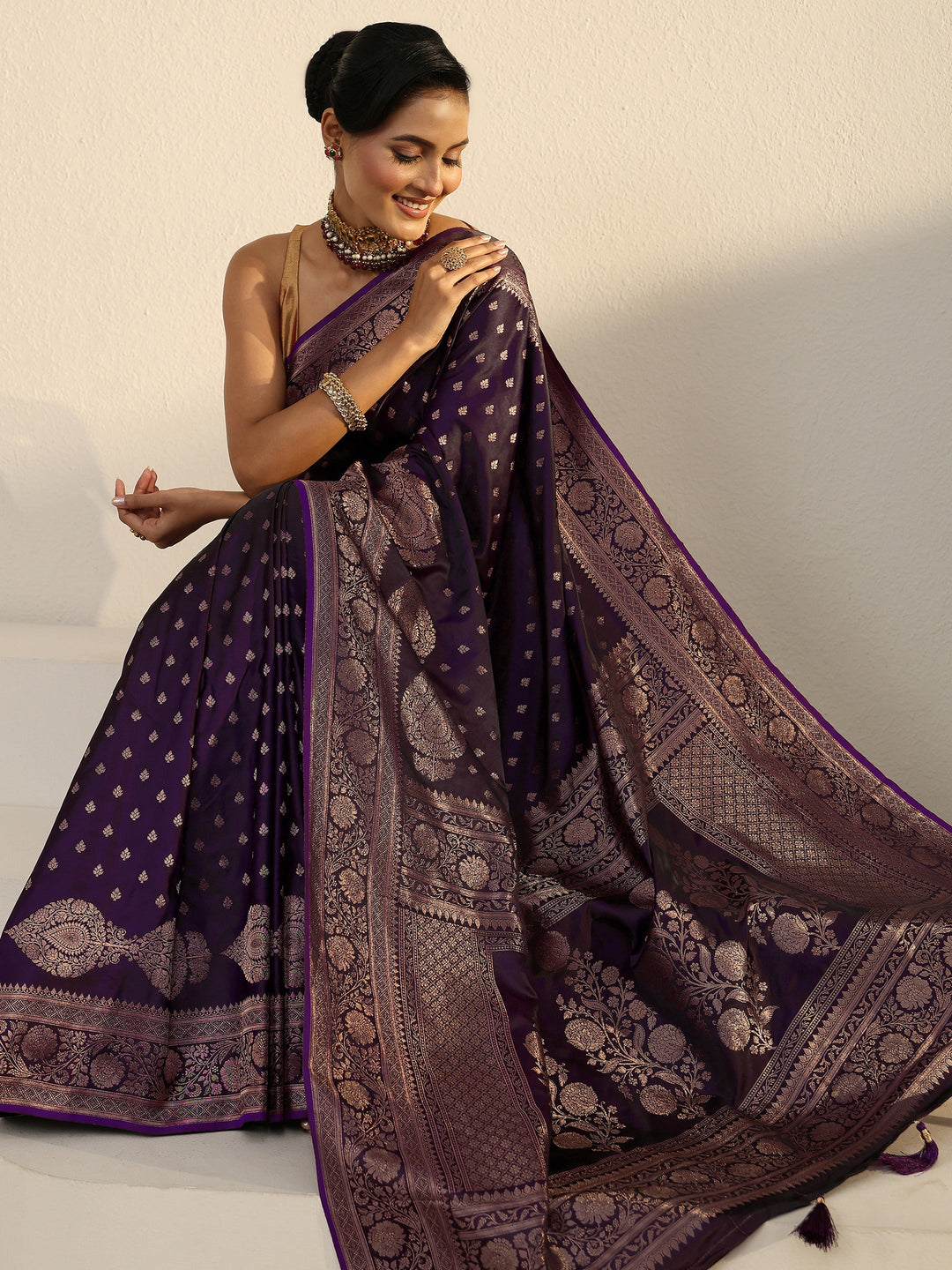 Libas Aubergine Purple Floral Woven Design Satin Tassel Saree