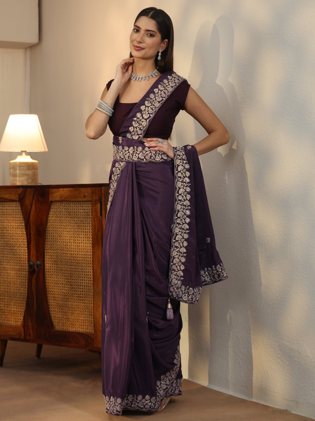  Libas Aubergine Purple Foral Embroidered Satin Saree 