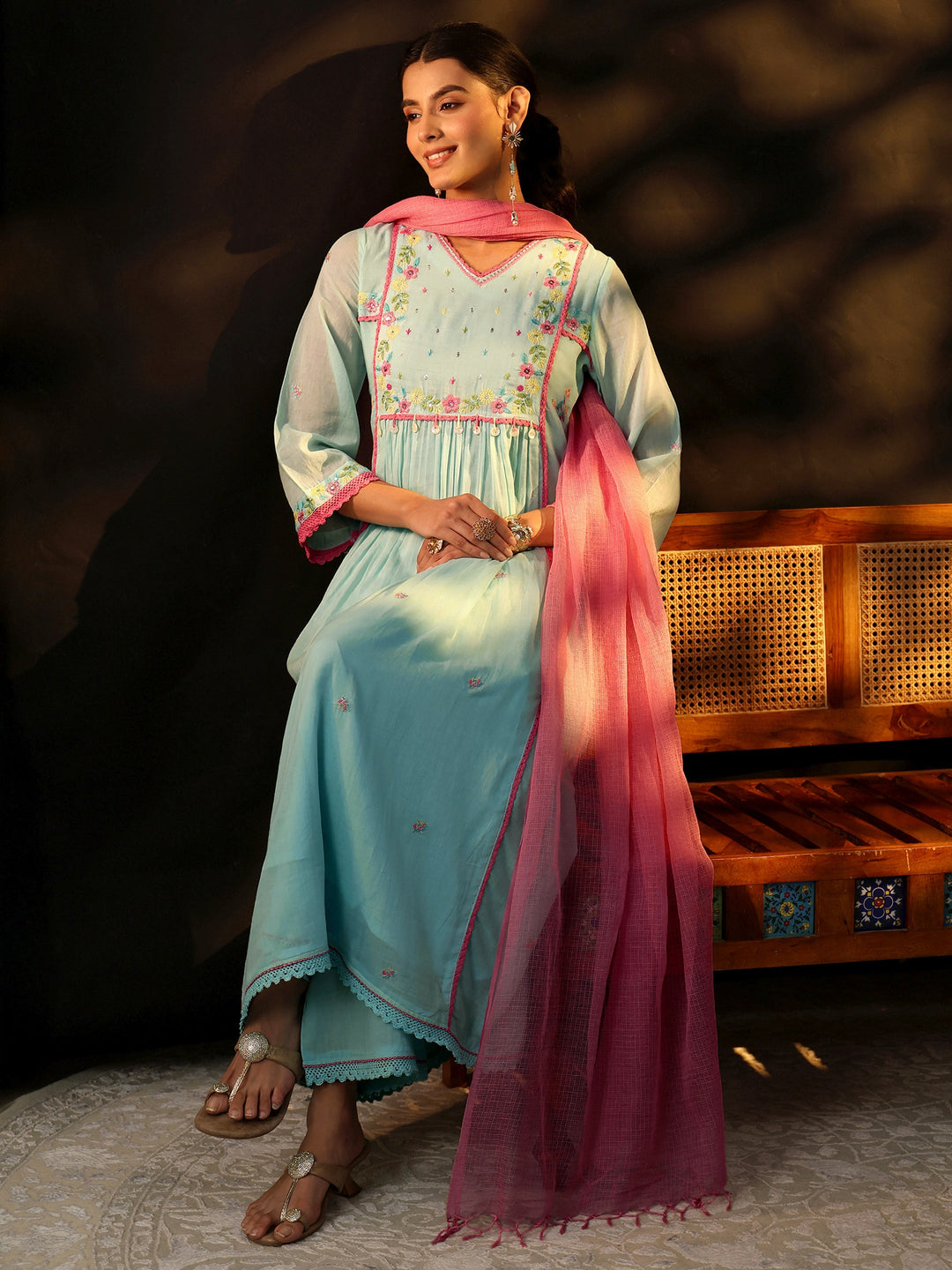  Libas Baby Blue Floral Embroidered Cotton Anarkali Suit Set 