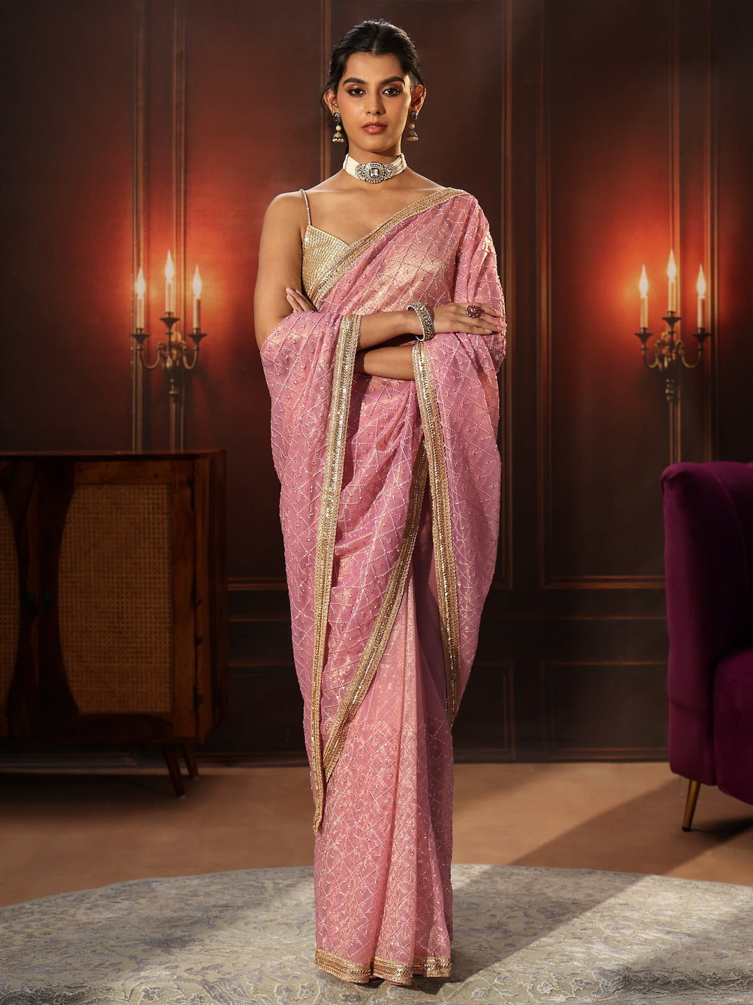  Libas Baby Pink Embellished Jaal Work Net Saree 