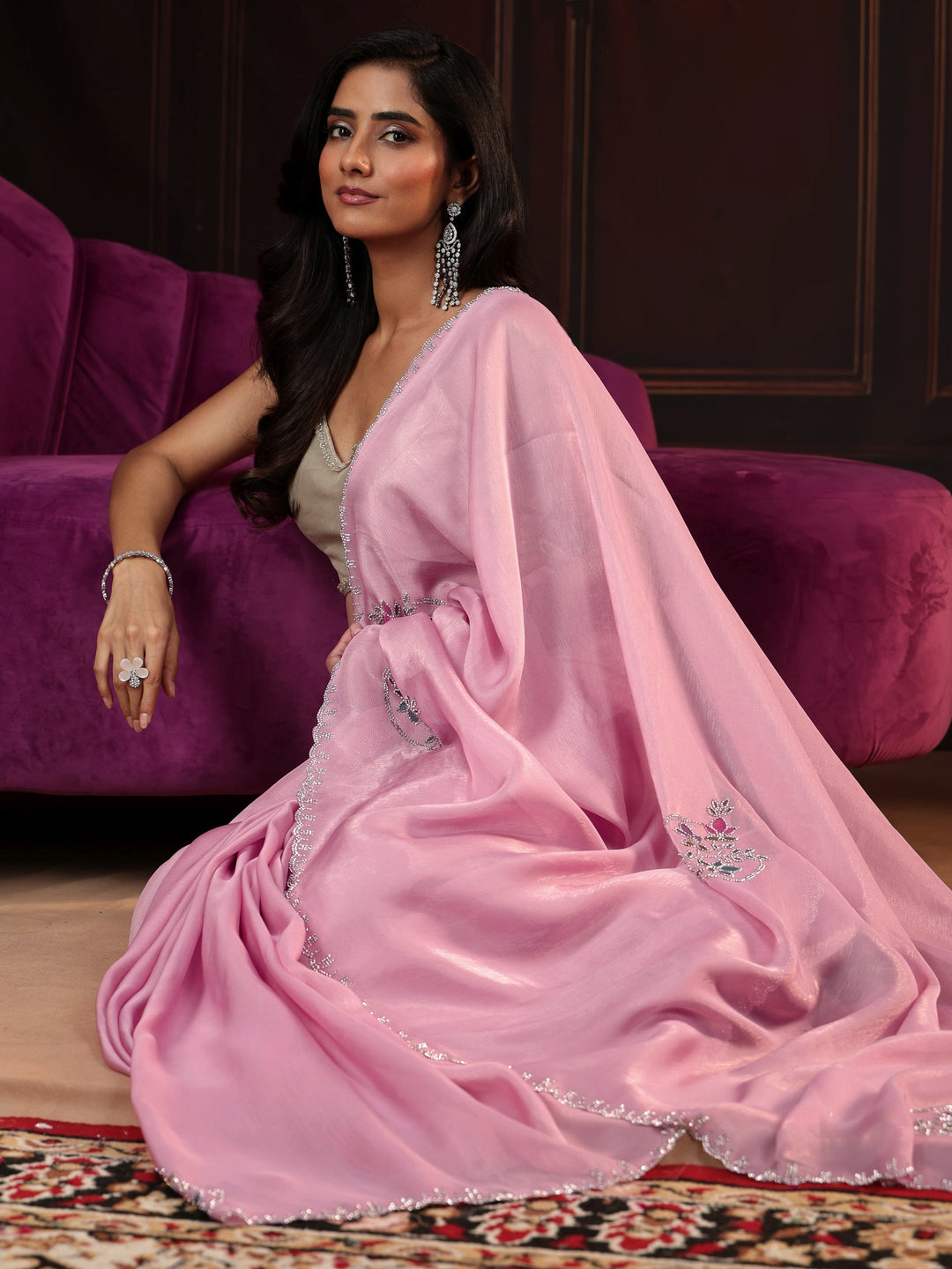 Libas Baby Pink Floral Embellished Tissue Saree