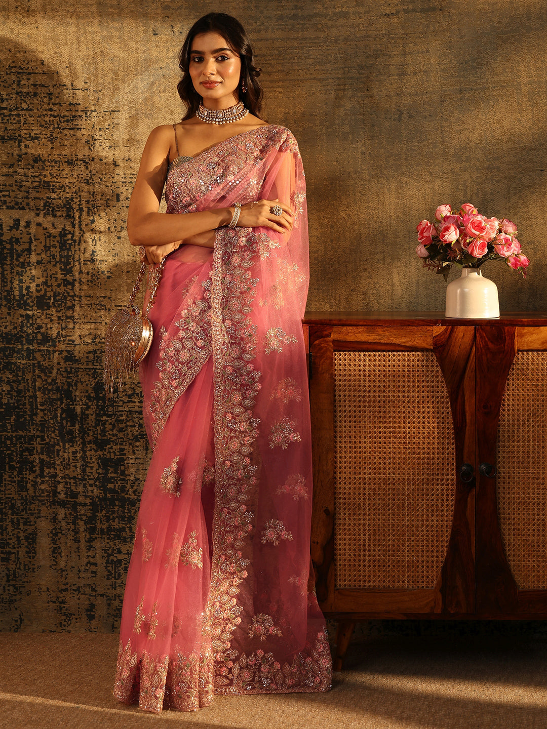  Libas Baby Pink Floral Embroidered Net Saree 