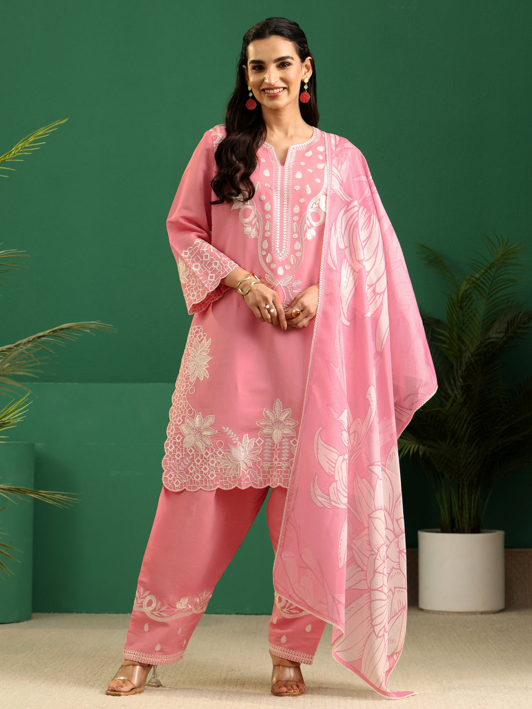  Libas Baby Pink Floral Embroidered Silk Blend Farshi Suit Set 