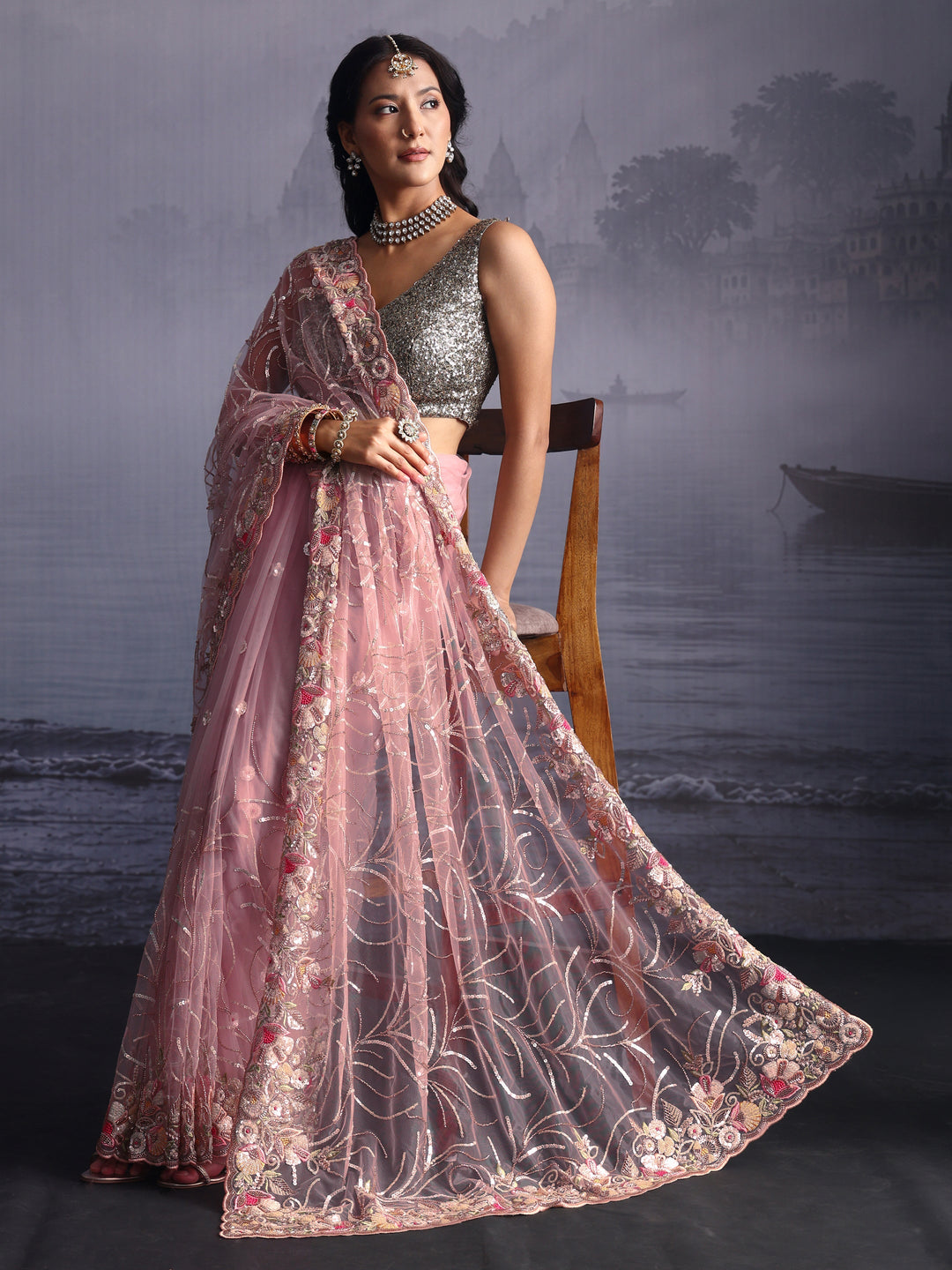  Libas Baby Pink Sequin Embellished Net Saree with Scalloped Border 