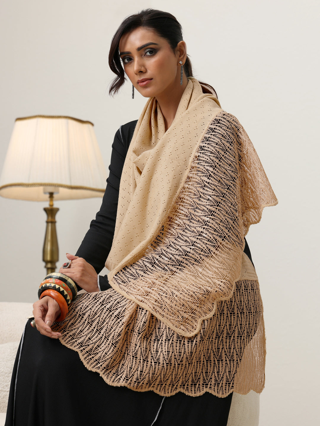 Libas Beige Acrylic Wrap Shawl with Lace Border