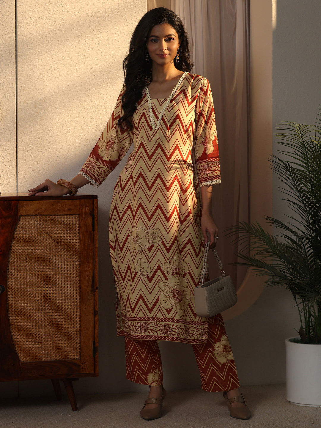  Libas Beige Chevron Printed Cotton Blend Straight Kurta Set 