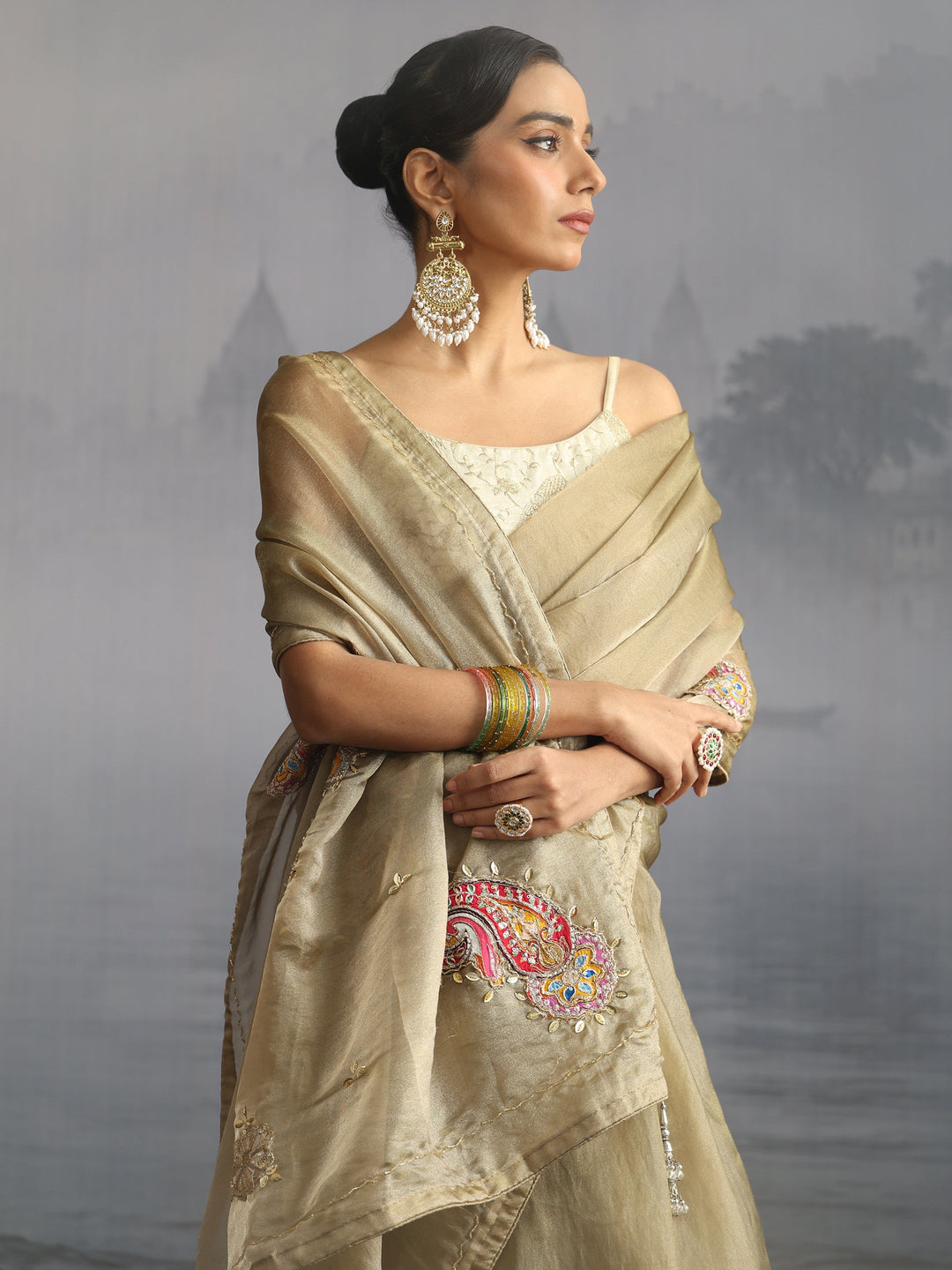 Libas Beige Embellished Tissue Saree with Applique Work 