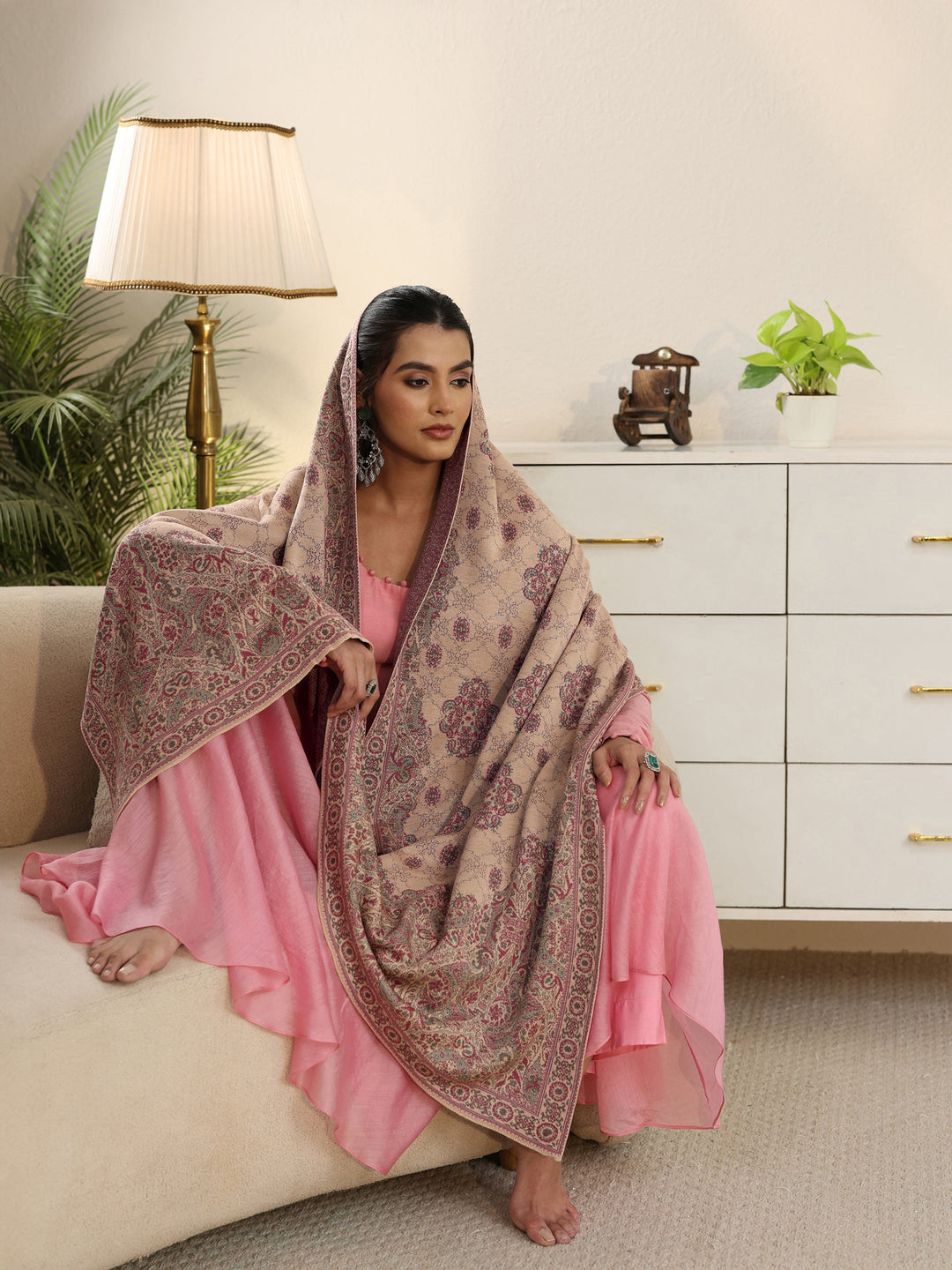 Libas Beige Ethnic Embroidered Acrylic Wrap Shawl 