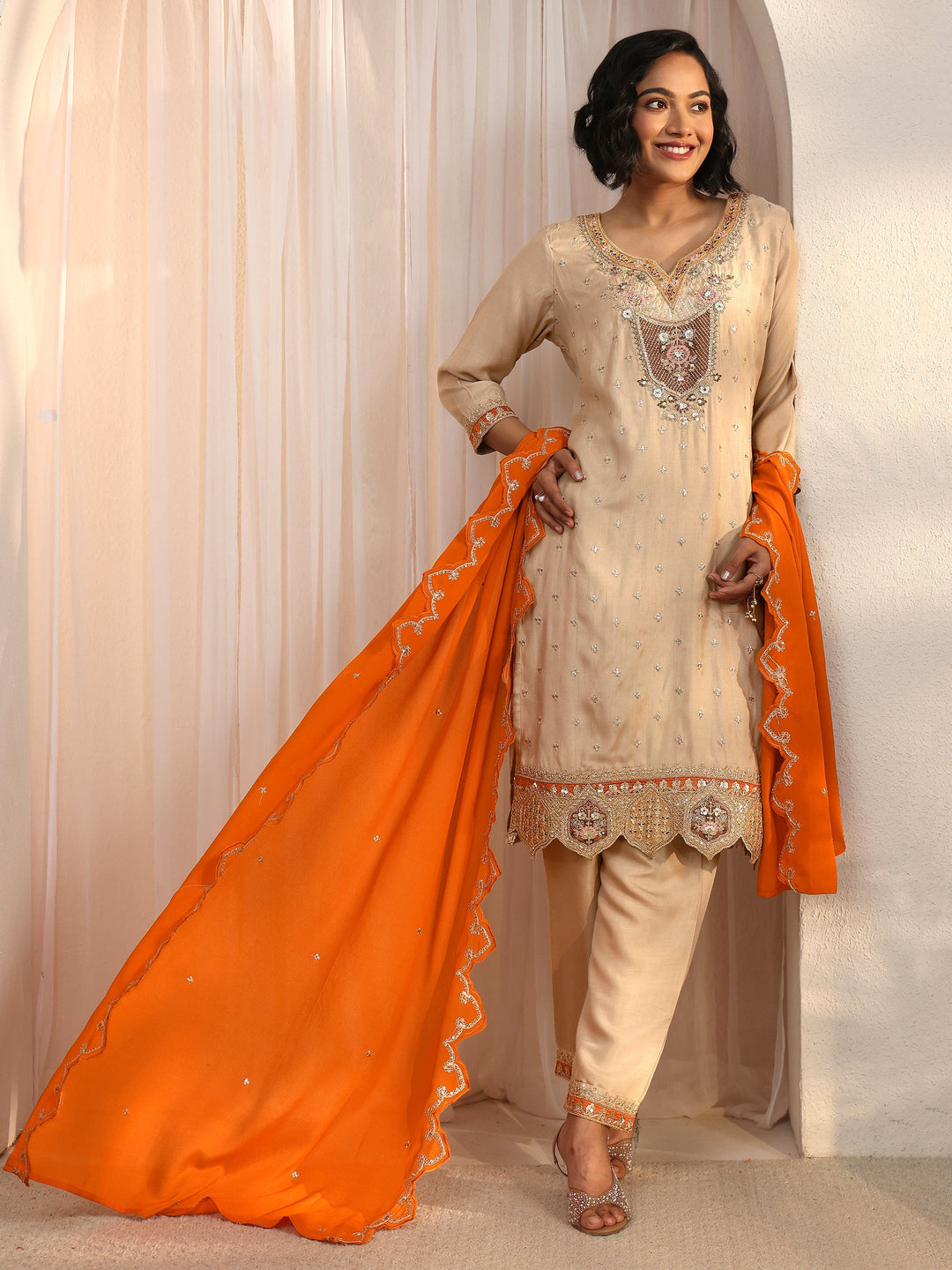 Libas Beige Floral Embellished Silk Blend Straight Suit Set 