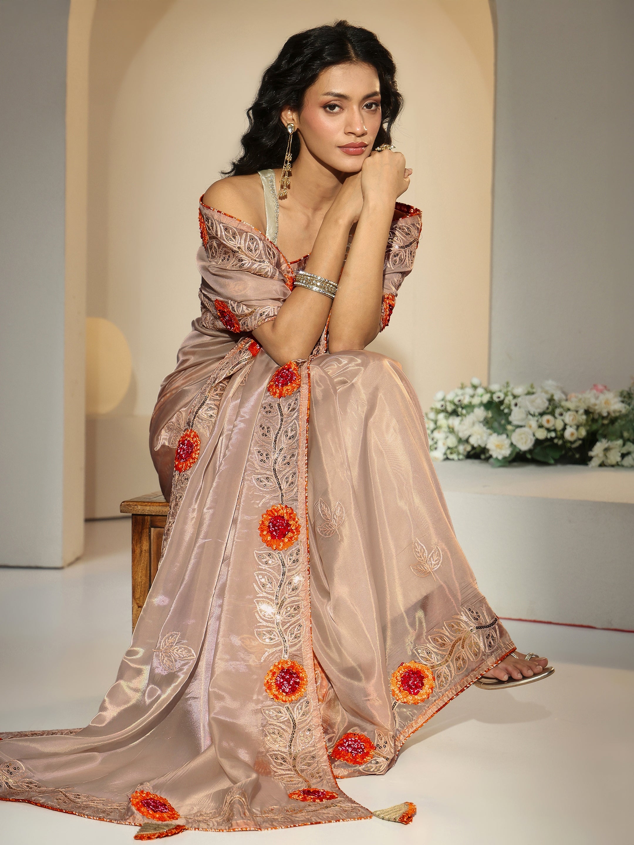 Libas Beige Floral Embellished Tissue Saree-picture-24