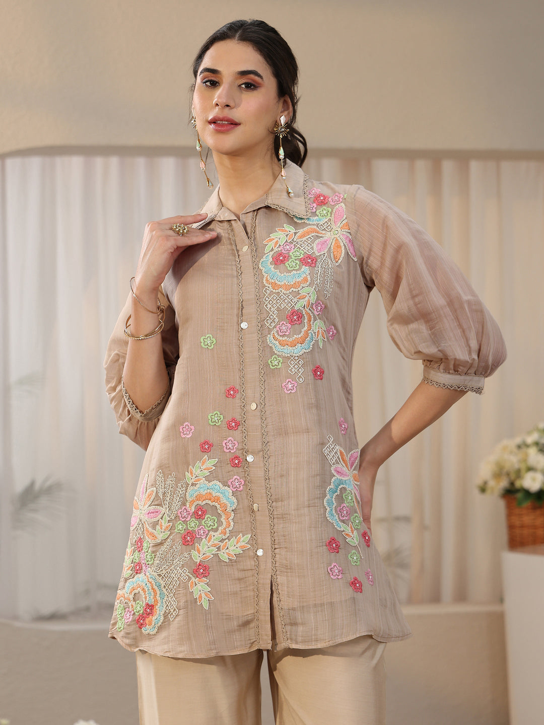  Libas Beige Floral Embroidered Chanderi Cotton Co-Ord Set 