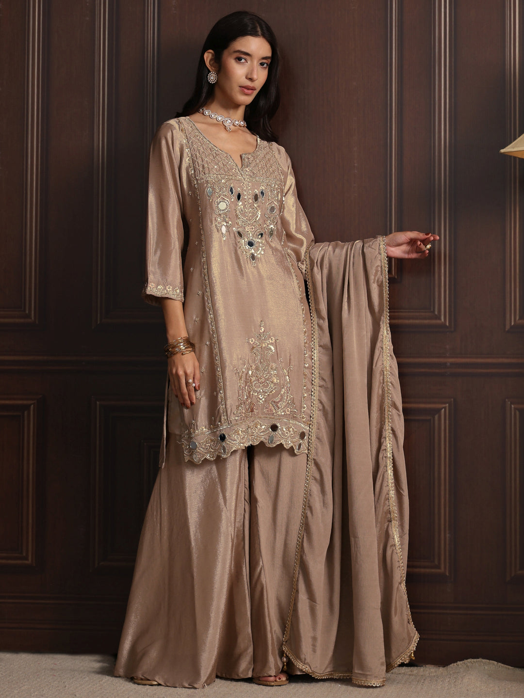  Libas Beige Floral Embroidered Chinon Sharara Suit Set 