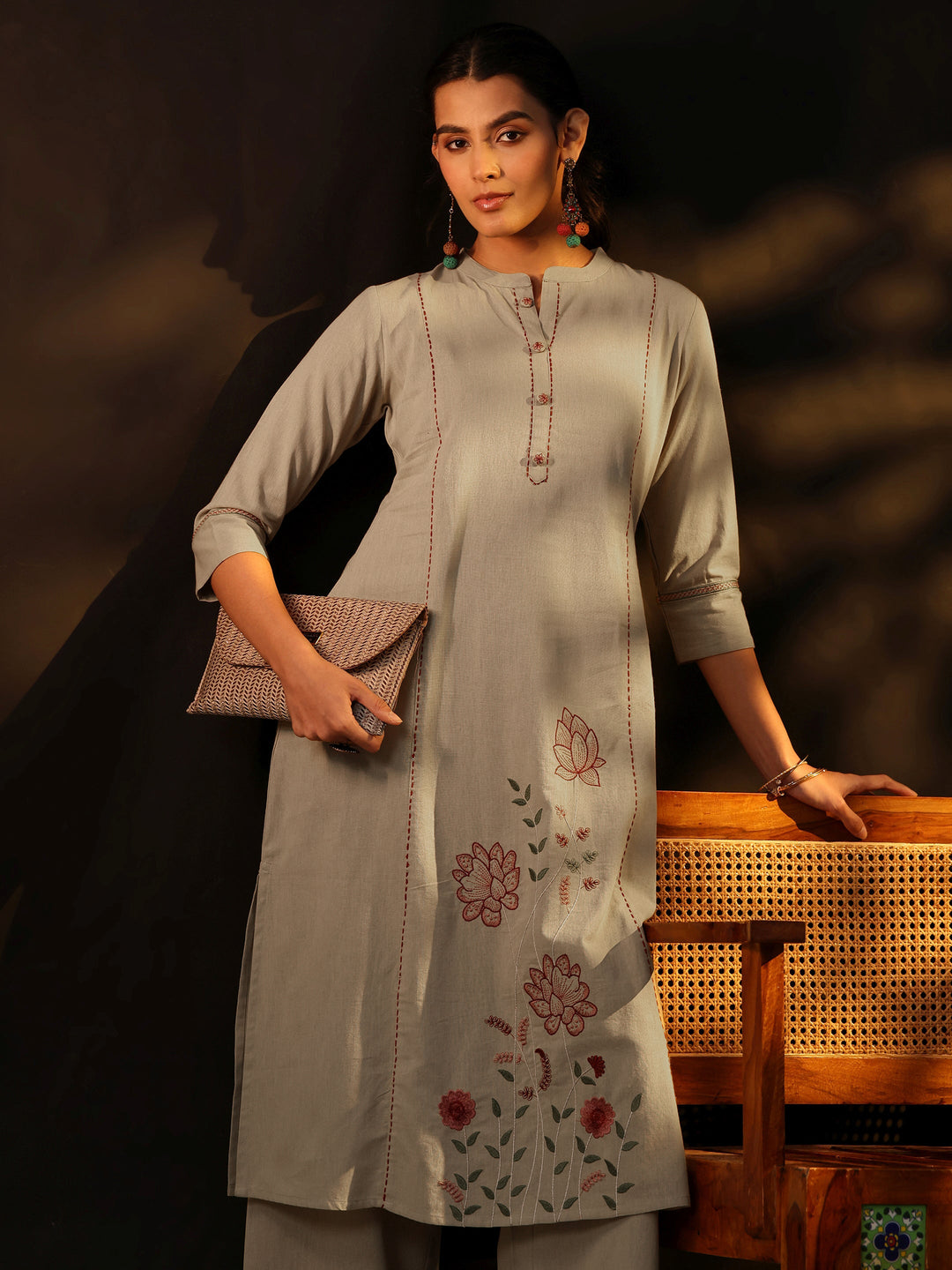  Libas Beige Floral Embroidered Cotton Co-Ord Set 