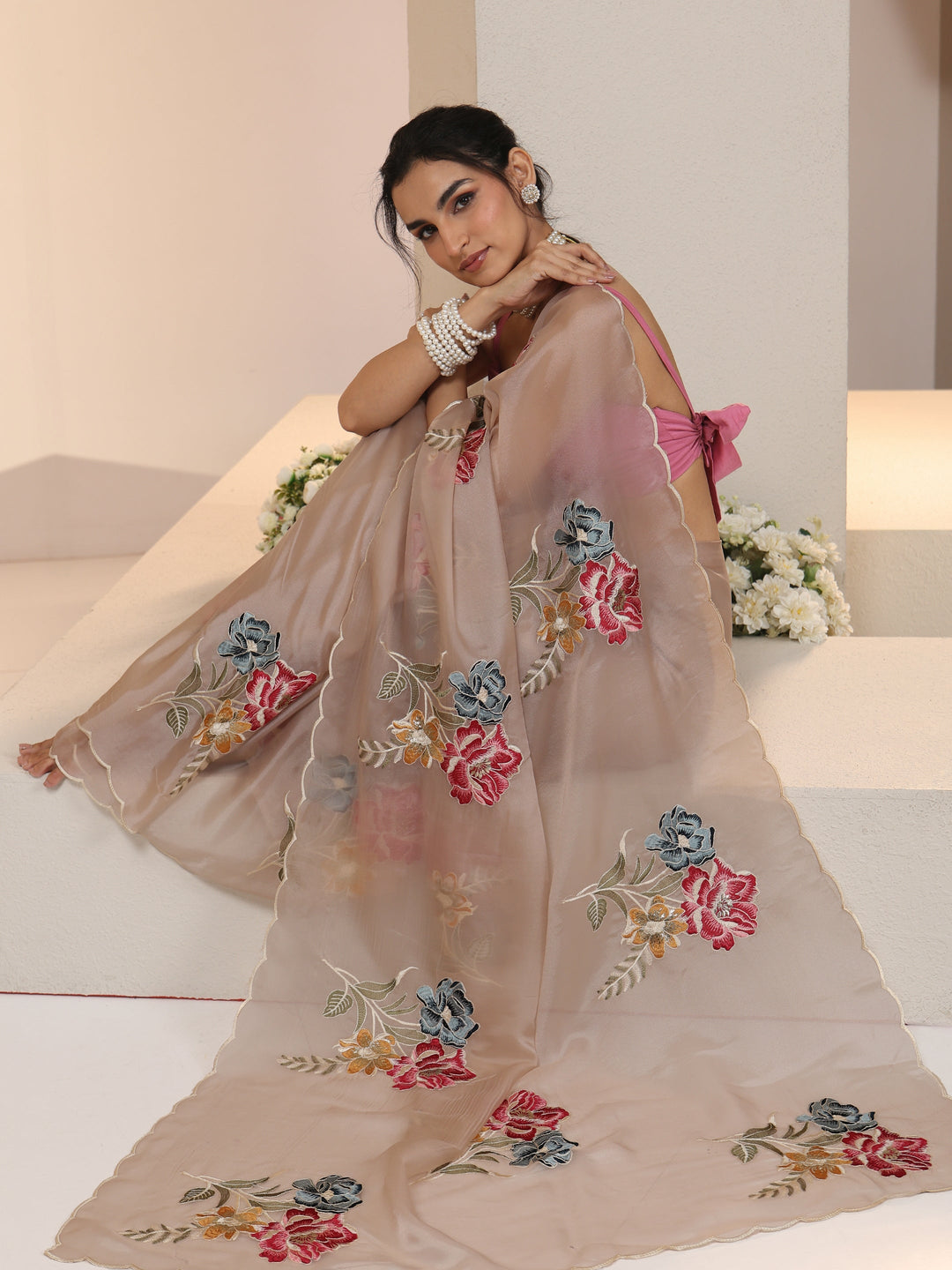  Libas Beige Floral Embroidered Tissue Saree with Scalloped Border 