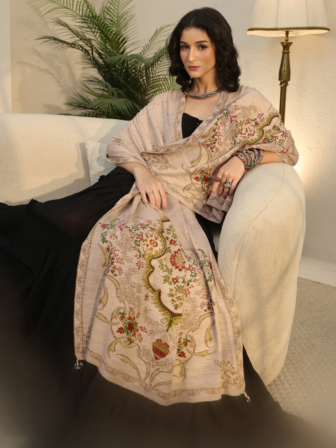  Libas Beige Floral Knitted Acrylic Wrap Shawl 