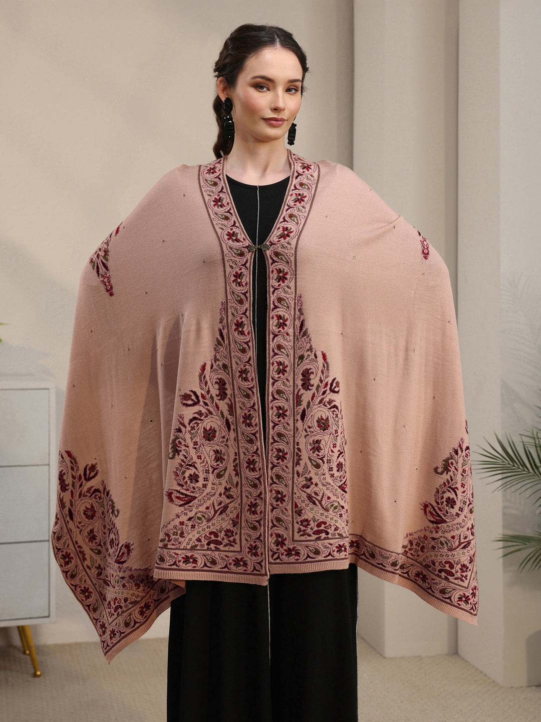  Libas Beige Floral Knitted Acrylic Wrap Shawl 