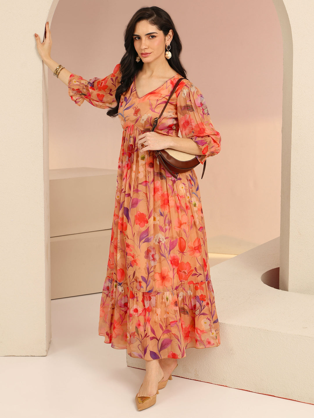  Libas Beige Floral Printed Chiffon Empire Dress 