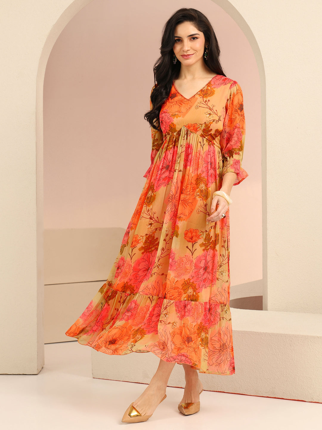  Libas Beige Floral Printed Chiffon Empire Dress 