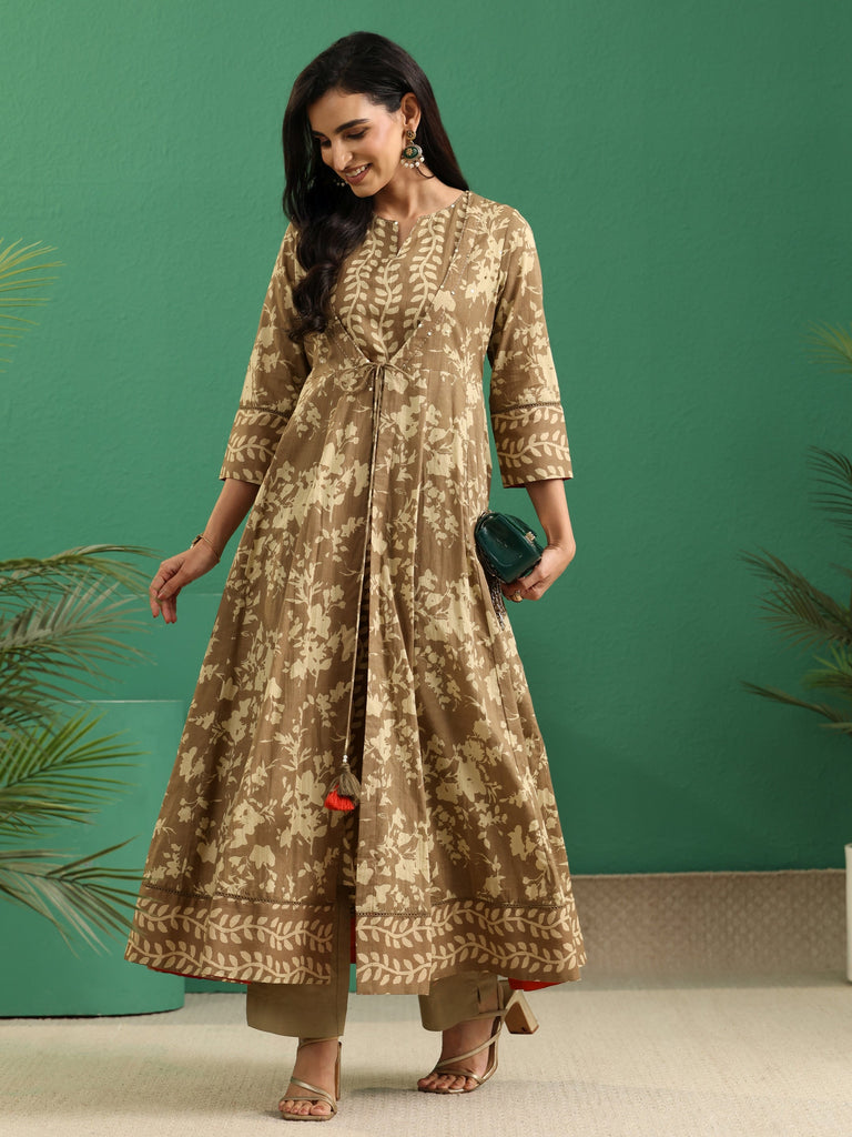 Libas Beige Floral Printed Cotton Kurta Set with Long Jacket