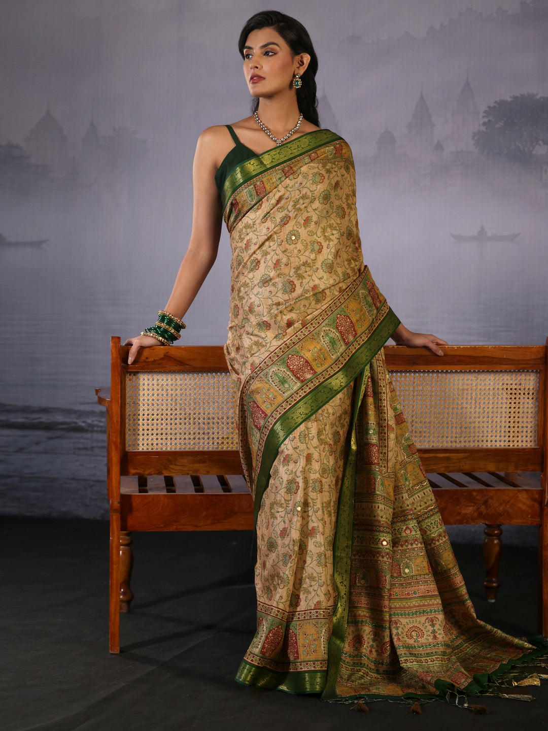 Libas Beige Floral Printed Mirror Work Silk Blend Tassel Saree