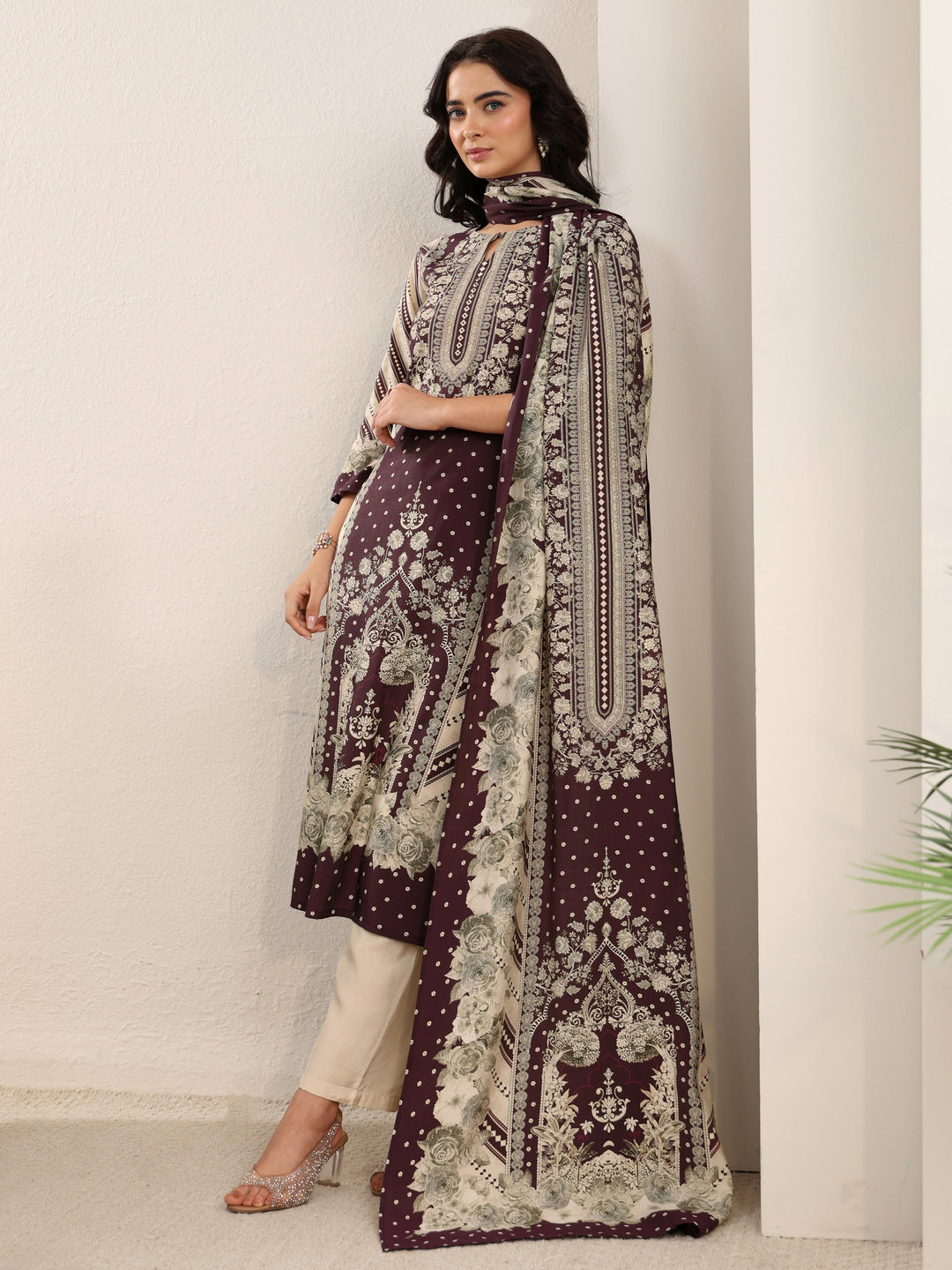  Libas Beige Floral Printed Silk Blend Straight Suit Set 