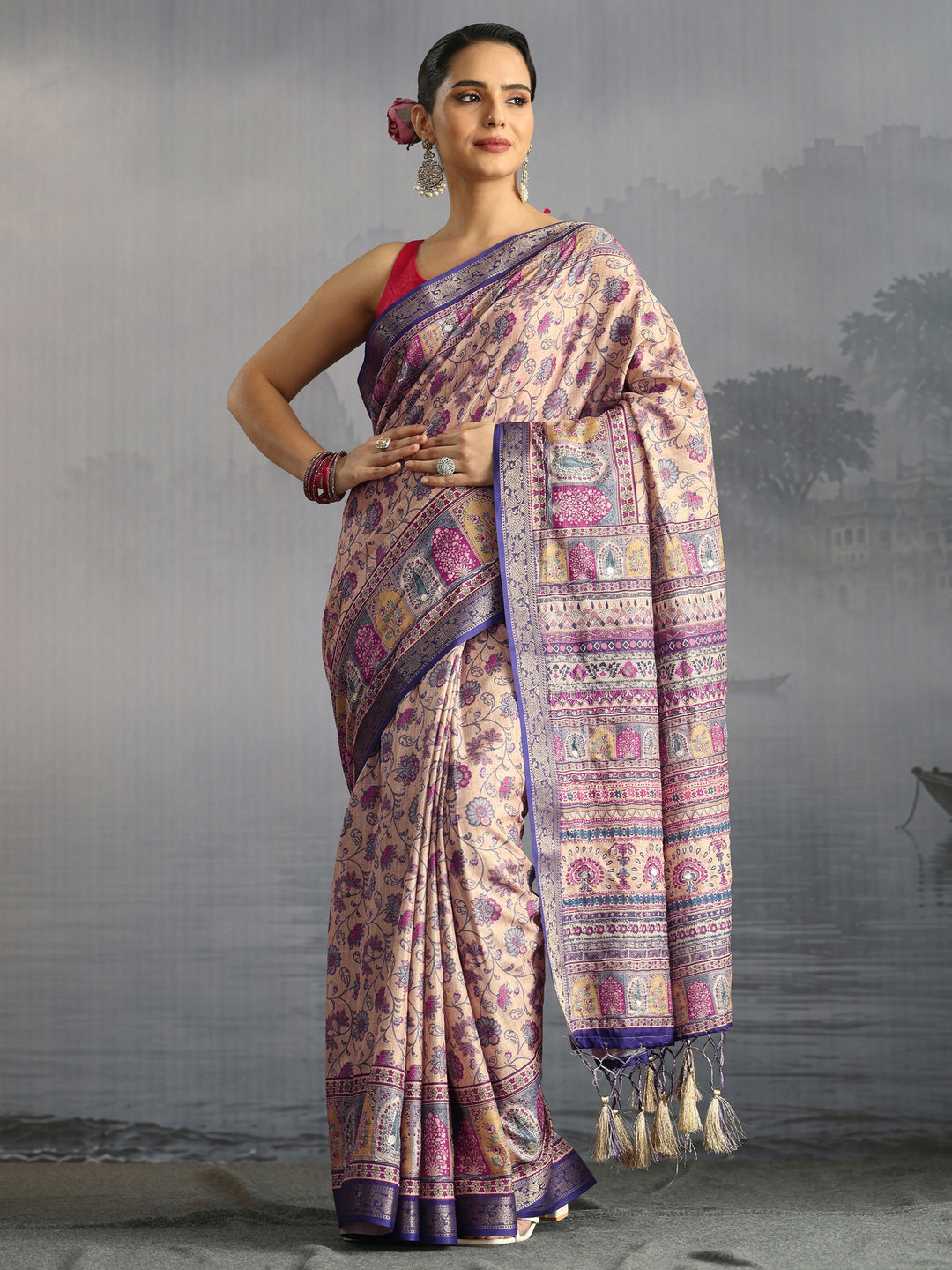 Libas Beige Floral Printed Silk Blend Tassel Saree